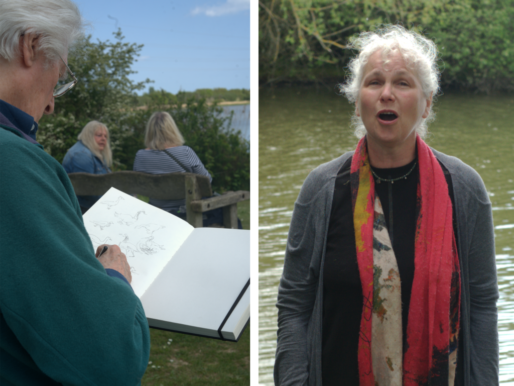 Two images. Left: man drawing geese and ducks in a sketch book. Right: woman singing while standing by a lake.